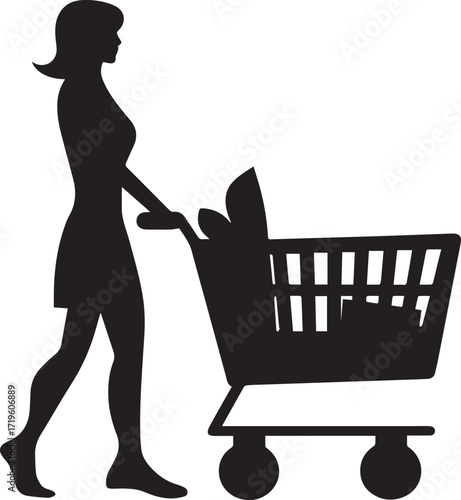 Woman pushing shopping cart filled with items silhouette vector, black and white silhouette vector illustration