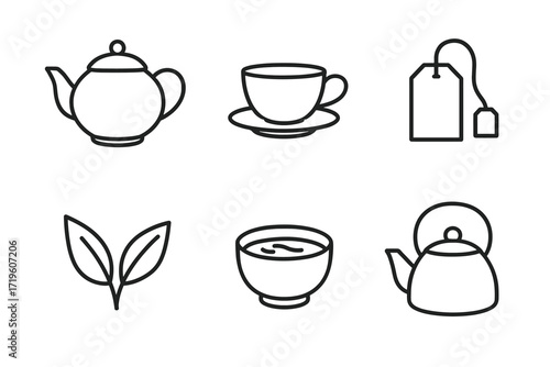 Tea icons: teapot, cup, tea bag, leaves, bowl, kettle in minimalist line art