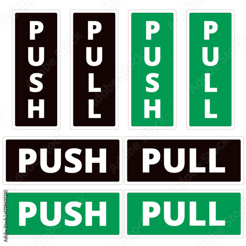 Black and green push and pull door signs isolated on a white background