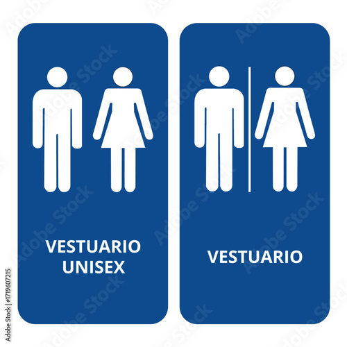 Blue vestuario and unisex vestuario signs on a white background (trad. dressing room, unisex dressing room)