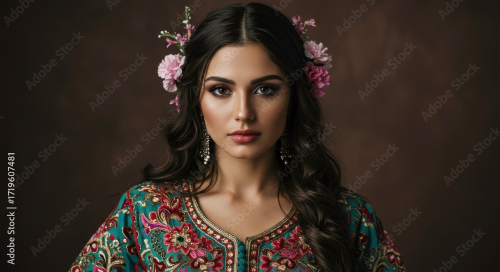 Fototapeta premium Elegant woman adorned with flowers and traditional attire evoking timeless beauty