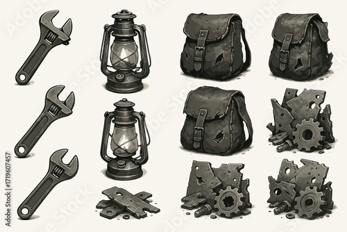 Antique tools and equipment: wrenches lantern backpack and metal parts collection