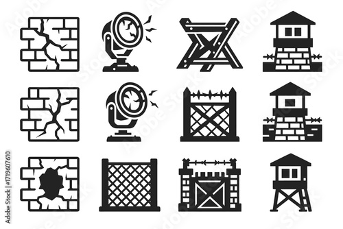 Collection of security and construction icon set featuring barriers and watchtowers