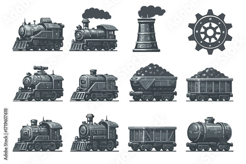 Set of detailed vintage train and steam engine icons with coal cart and gear