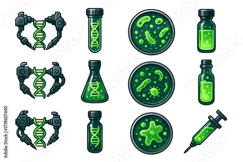 Green bacteria dna and lab equipment icons