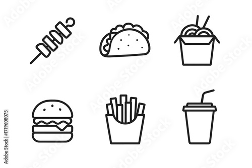 Set of fast food icons: burger, taco, fries, soda, noodles, skewer