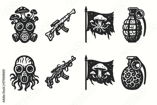 Monochrome collection of gas masks, assault rifles, flags, and grenades with mushroom motif