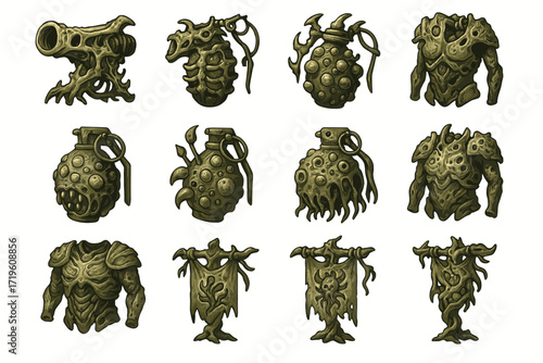 Fantasy armor and weapon designs with organic plant-like aesthetic