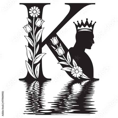 Elegant black silhouette of a royal king s profile adorning the letter k with floral embellishments and water reflection