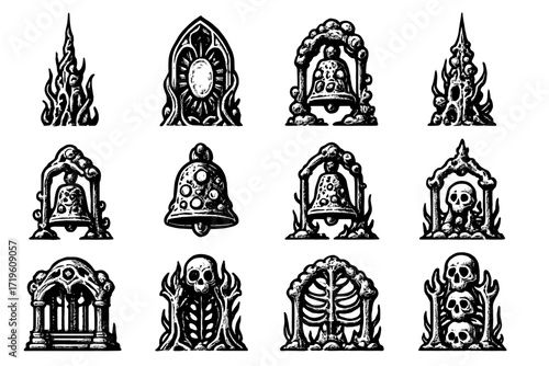 Intricate gothic icon set featuring skulls, flames, and bells in black and white