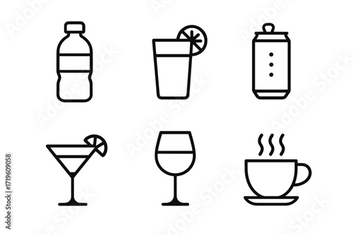 Assorted beverage icons: bottle, cup, soda can, cocktail, wine glass, coffee cup