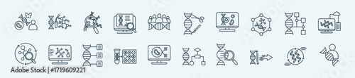Bioinformatics thin icon set containing personalized medicine,comparative genomics,polymerase chain reaction,transcriptomics,bioinformatics tools
