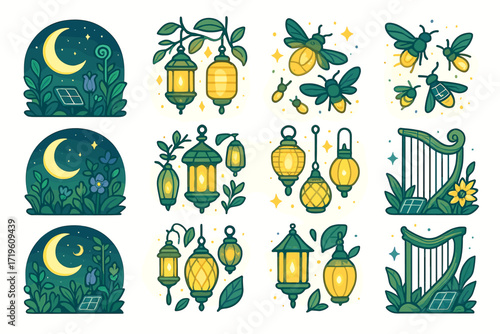 Night garden lanterns and fireflies: enchanting glow and harp designs in moonlit scene