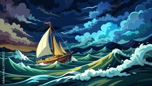 Very beautiful panorama, sailboat on stormy ocean, dark sky and rough sea, panoramic view captures dramatic waves crashing, thunder echoing above, distant lightning flickering, and the vessel’s braver