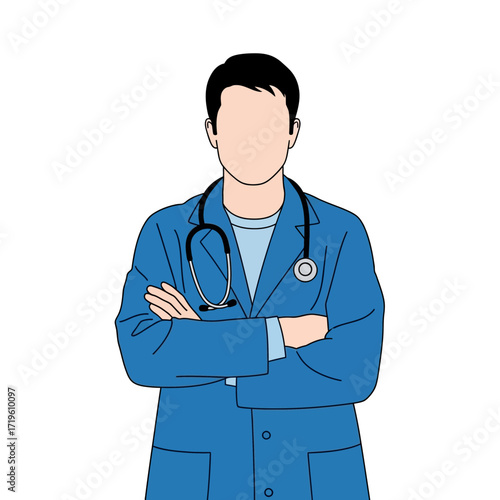 An illustration of a doctor with a stethoscope around his neck, arms crossed, exuding an air of professionalism and readiness