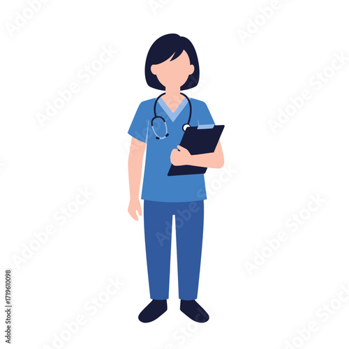 A doctor holding a clipboard and wearing scrubs. The doctor's stethoscope suggests professionalism and medical expertise