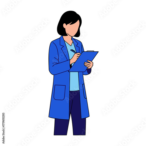 A professional woman in a lab coat, meticulously taking notes on a clipboard