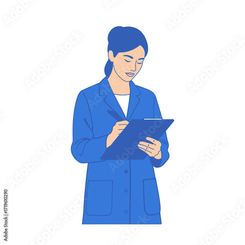 A female doctor making notes on a clipboard while wearing a blue coat, symbolizing professionalism and expertise. The image represents a sense of responsibility and careful attention to detail.