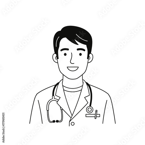A medical professional portrait smiling confidently. A doctor with a stethoscope around his neck, exudes expertise and care