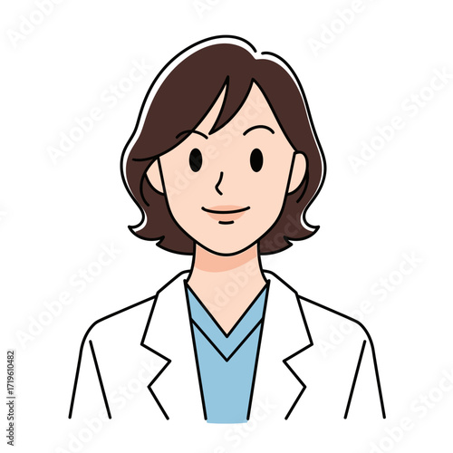 A friendly female doctor or scientist with short brown hair, wearing a white coat, represents care and expertise. 