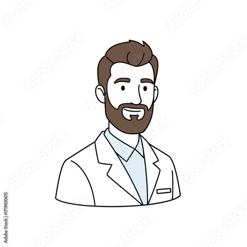 A male doctor with a beard wearing a lab coat and looking content. The doctor appears friendly and trustworthy.
