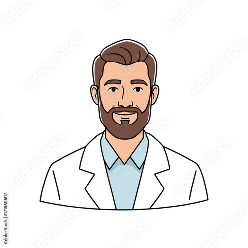 A professional man in a medical coat looks straight ahead with a smile on his face. This illustration showcases a handsome and professional individual in a professional environment.