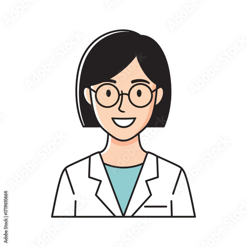 A smiling woman scientist with glasses, looking at the viewer. She's wearing a lab coat, symbolizing knowledge and experience