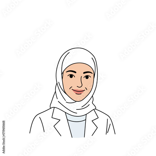 A professional woman wearing a hijab, dressed in a doctor's coat, with a calm expression