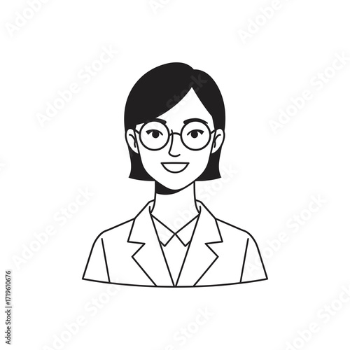 An illustration of a woman wearing glasses and a blazer, appearing as a professional. The clean, minimalist style suggests precision and clarity. 