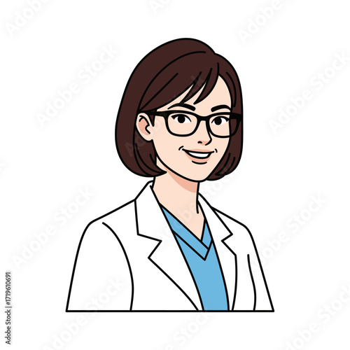 An illustrated depiction of a medical professional wearing a white lab coat and glasses, radiating approachability