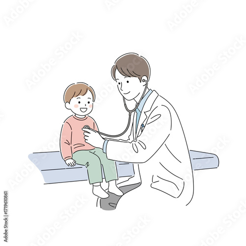 A doctor examines a young child with a stethoscope, symbolizing healthcare and care