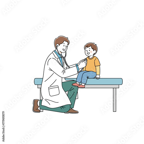 A doctor examining a child, demonstrating care and compassion. The scene depicts a moment of healthcare and medical attention