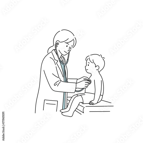 A doctor examining a child with a stethoscope, a gentle moment of care and health