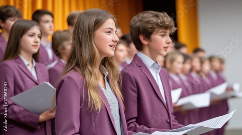 Teen choir singing performance with male and female caucasian teens in purple blazers.