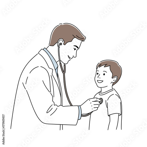 A doctor examining a smiling child with a stethoscope, creating a scene of care and reassurance. The child seems calm and content, creating a sense of trust and well-being