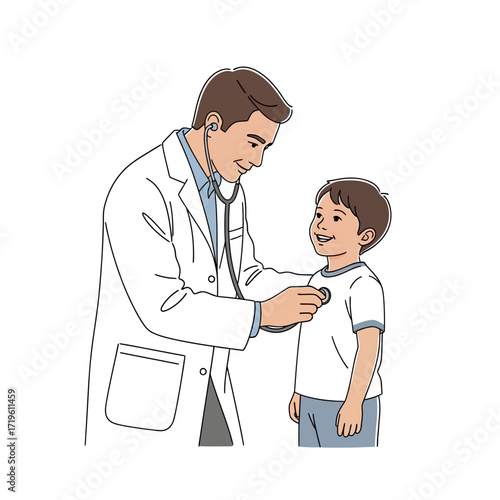 A doctor examines a young boy with a stethoscope, creating a scene of care and reassurance