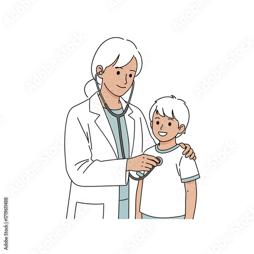 A friendly doctor examining a young patient with a stethoscope