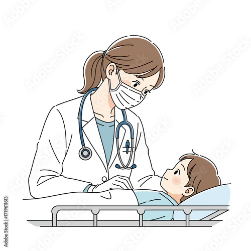 A caring doctor tending to a patient in a hospital setting. The doctor wears a mask and stethoscope, ensuring the well-being of the child.