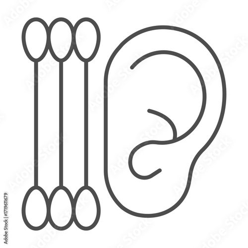 Ear and ear sticks thin line icon, body hygiene concept. Vector graphics. Human ear with clean sticks, cleaning sign on white background, outline style icon for mobile or web design.