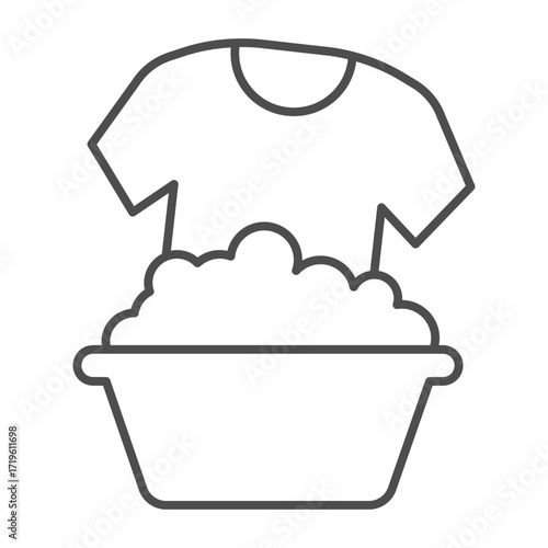 Shirt in washing basin with soap foam thin line icon, body hygiene concept. Vector graphics. Basin with foam powder, laundry sign on white background, outline style icon for mobile or web design.