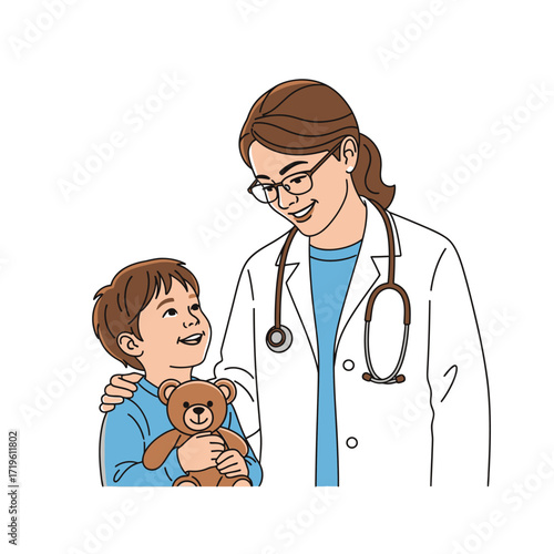 A friendly doctor comforting a young patient who is holding a teddy bear. The doctor is smiling warmly, creating a reassuring atmosphere