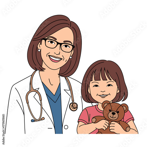 A caring female doctor smiling with a young girl in a hospital room. The doctor is wearing glasses and a stethoscope, while the girl is holding a teddy bear