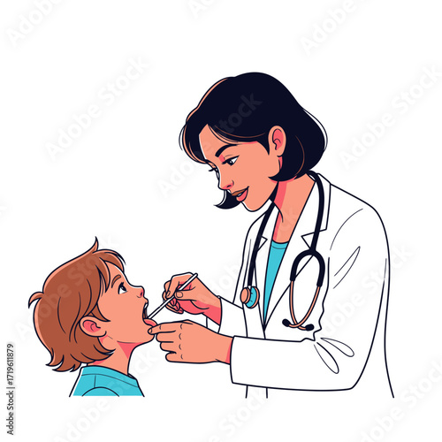 A doctor examining a child's throat with care and professionalism. The child appears calm and trusting, creating a sense of care and health