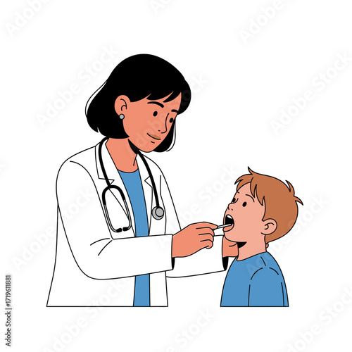 A doctor examining a child's throat with a medical instrument. The scene focuses on healthcare and medical examination