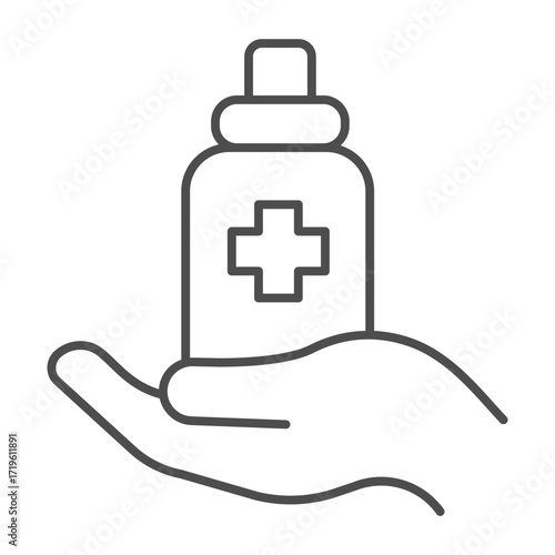 Jar of antiseptic in hand thin line icon, body hygiene concept. Vector graphics. Hand sanitizer, antibacterial sign on white background, outline style icon for mobile or web design.