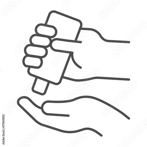 Shampoo bottle in hands thin line icon, skin hygiene concept. Vector graphics. Bathroom soap, body wash sign on white background, outline style icon for mobile or web design.