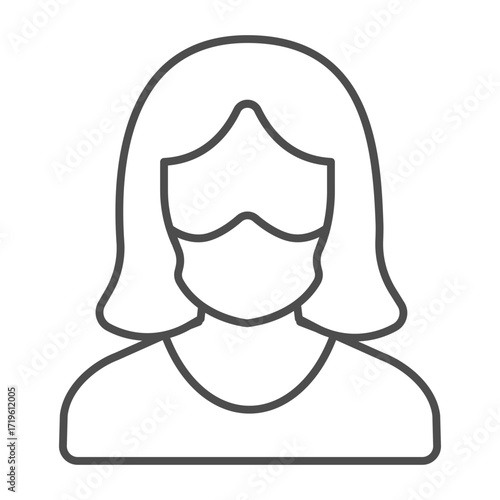 Woman with antibacterial mask thin line icon, face protection concept. Vector graphics. Lady with protective mask, safety sign on white background, outline style icon for mobile or web design.
