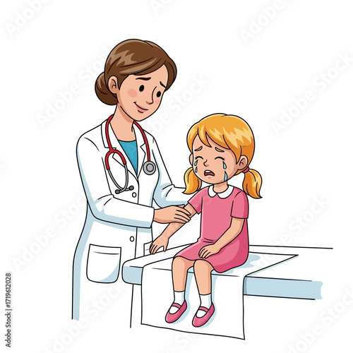 A doctor comforts a young patient. The illustration portrays a doctor and a child interacting in a medical setting.