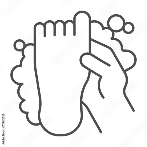 Foot with soap foam thin line icon, body hygiene concept. Vector graphics. Human foot with soapy foam bubbles, body washing sign on white background, outline style icon for mobile or web design.