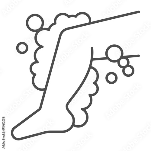 Leg with soap foam thin line icon, body hygiene concept. Vector graphics. Human leg with soapy foam bubbles, body washing sign on white background, outline style icon for mobile or web design.